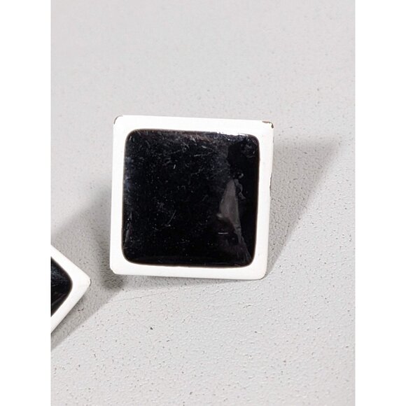 Vintage Napier Black White Square Metallic Clip On Earrings Mid Century Modern - Picture 2 of 7